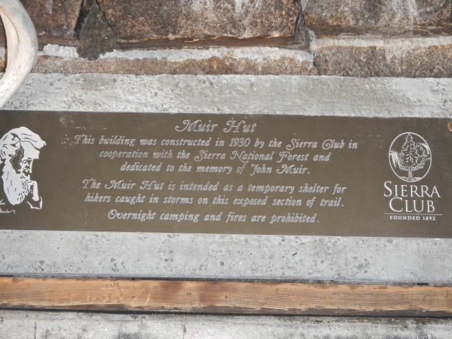 The plaque inside the John Muir hut.